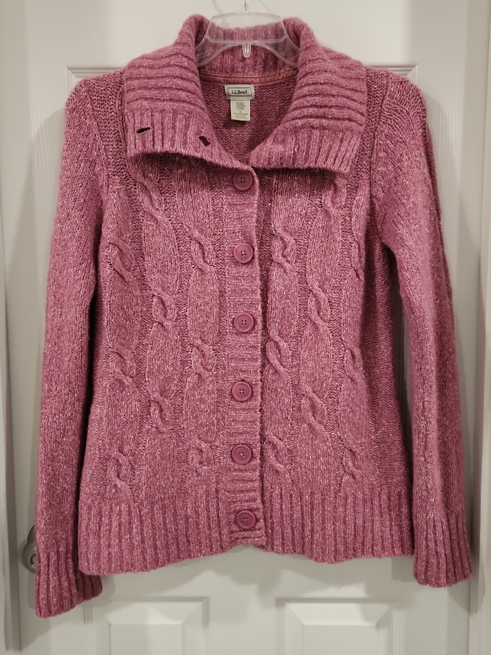 LL Bean Swift River Cable Knit Cardigan Sweater Womens M Pink Wool Blend Chunky